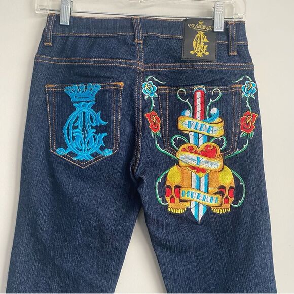 Christian Audigier Y2K Vida Y Muerte Embroidered Tattoo Inspired Bootcut Jeans - Picture 1 of 10
